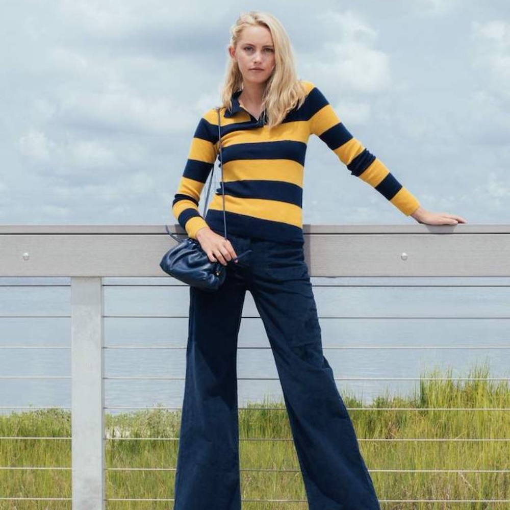 Nili Lotan Yellow and Navy Striped V-Neck Sweater